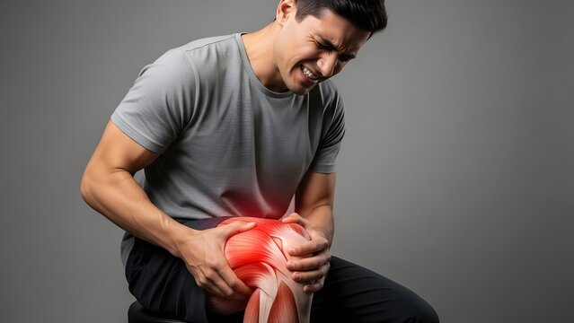 Knee joint pain and muscle injury inflammation. Orthopedic health and sports recovery. Man sitting and holding his painful knee with anatomy overlay