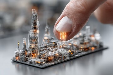 Futuristic cityscape illustration on a circuit board, showcasing intricate buildings and glowing elements, representing advanced technology and urban development in a digital landscape
