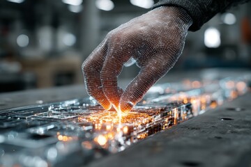 analyzing digital factory model, futuristic hologram technology concept 