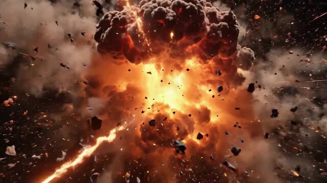 Fiery Explosion in Dark Space with Debris and Bright Particles Scattering Energetic Abstract Theme