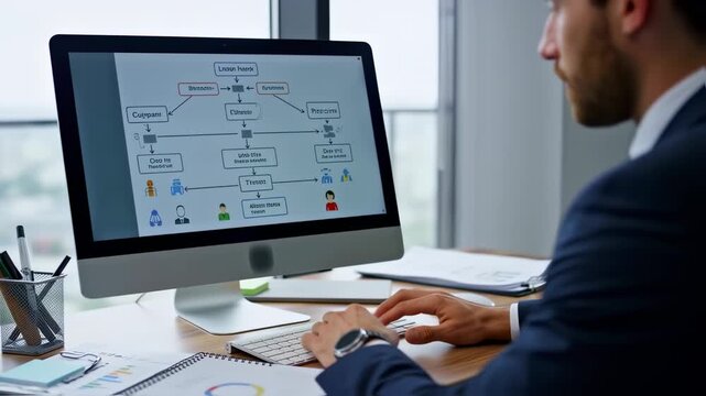 A businessperson in a suit works at a desk, viewing a flow chart on a large computer screen