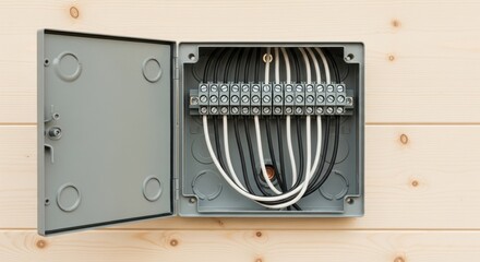 Open gray junction box with neat wires on wooden wall