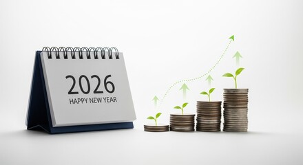 2026 happy new year calendar with growing coin sprouts