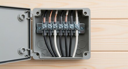 Open gray junction box with neat wires on wooden wall