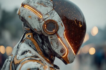 A futuristic robot with glowing orange lights on its helmet, standing in front of an illuminated dark blue background with a soft focus and bokeh effect. 