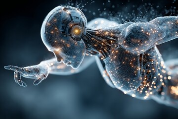 Dynamic abstract illustration of a glowing figure sprinting forward, surrounded by a trail of light particles, symbolizing speed, energy, and motion in a futuristic environment