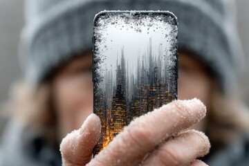 Hand holding smartphone displaying futuristic cityscape with glowing lights, showcasing advanced technology and urban development, representing innovation and digital transformation in modern society