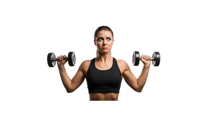 Doubtful woman lifting dumbbells