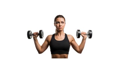 Doubtful woman lifting dumbbells