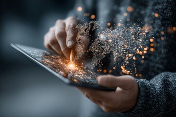 Male professional engaged in digital work, holding tablet device, illuminated by ambient light, showcasing modern technology and innovation in a creative workspace environment