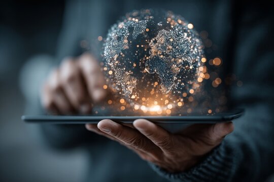 professional holding smartphone  with screen showing digital data and global network, symbolizing technological. holographic Earth globe and circuit board pattern.  - Powered by Adobe