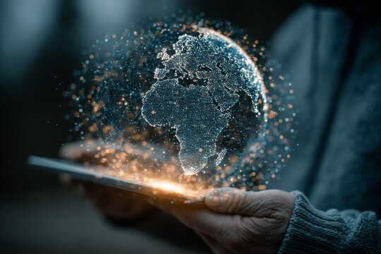 A professional holding an iPad Pro with the screen showing a digital holographic globe and network connection vibe, in a blue color tone, against a dark background. - Powered by Adobe