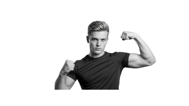 Young man flexing biceps in studio - Powered by Adobe