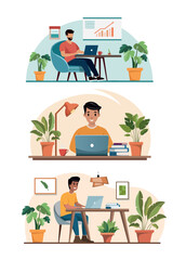 Flat vector illustration of a workspace with a laptop and diagrams 