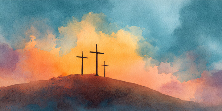 Watercolor easter scene three cross hill silhouette sunrise sky dramatic cloud
