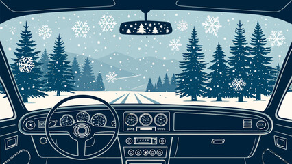 Obraz premium Winter driving scene from inside a car with snowy road and trees