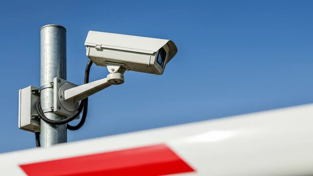 Security camera and barrier arm against a blue sky, monitoring and controlling access for surveillance concept