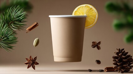 A cup with a lemon slice and cinnamon on top is floating in the air. The scene is set against a backdrop of pine trees and pine cones