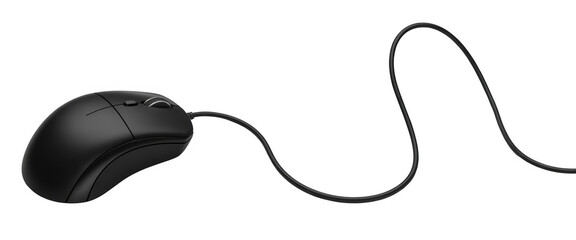 Black computer mouse with cord and buttons technology isolated on a transparent background