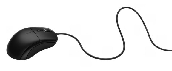 Black computer mouse with cord and buttons technology isolated on a transparent background