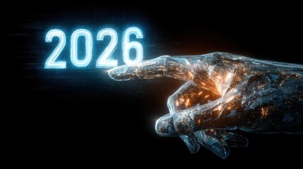A human-like hand made of glowing elements points towards the year 2026. The background is dark, highlighting the luminous digits and the hand's structure