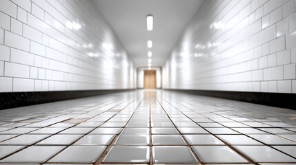 A long, empty hallway with white tiles on the floor. The tiles are square and the hallway is very narrow