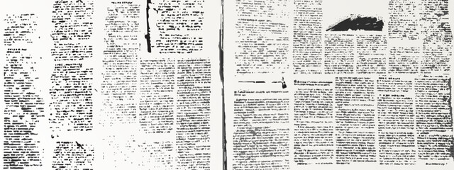 Old newspaper collage background with illegible text and vintage newsprint texture. Grunge paper pattern with retro magazine clippings, abstract typography and aged print design for creative media. © klyaksun