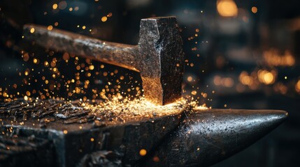 A blacksmith strikes a hot piece of metal on an anvil with a hammer. Sparks fly around in a dimly lit workshop filled with tools and materials