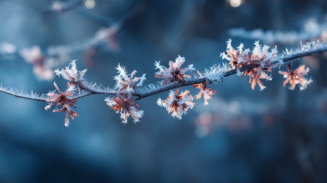 Frost-covered branches with delicate, icy leaves shimmering in a cool blue background, creating a serene winter atmosphere. - Powered by Adobe