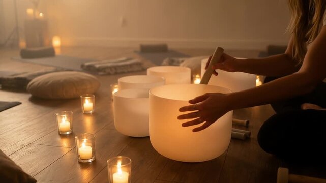 Healing ancestral sound approach with crystal bowl and candlelight meditation room for spiritual wellness relaxation and sound therapy health benefits