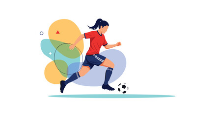 Athletic female soccer player in a red jersey skillfully dribbling a ball across a stylized field during a competitive match or training session.