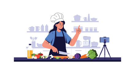 Talented female chef recording a professional cooking tutorial for her social media channel while preparing fresh vegetables in a kitchen.