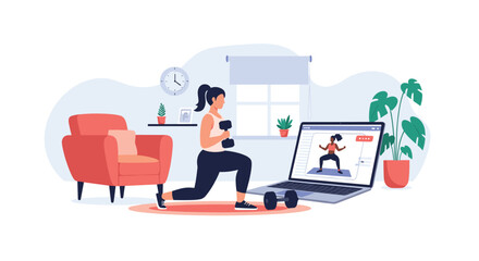 Active woman following an online fitness class on her laptop while performing lunges with dumbbells in her living room for home workout.