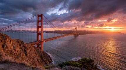Fototapeta premium The Golden Gate Bridge connects San Francisco to Marin County as the sun sets. Clouds fill the sky while waves crash against the shore. This scene captures an evening in the city