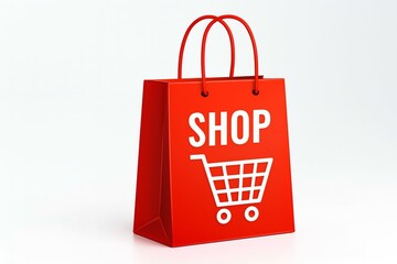 Red shopping bag with shop text and cart icon on white background