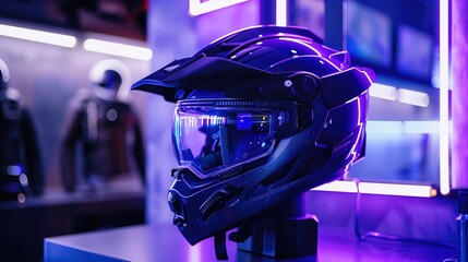CTE & RHI Awareness Day: photograph of modern impact-sensing helmet technology on display, sensors and monitoring devices visible, sleek product photography setup