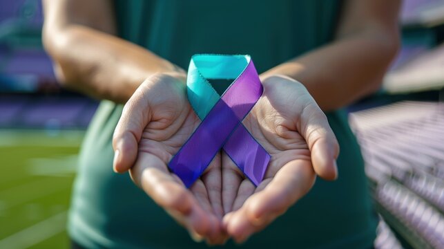 CTE & RHI Awareness Day: image of hands holding purple and teal awareness ribbon against blurred background of sports stadium, shallow depth of field