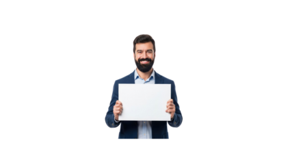 Bearded businessman holding a blank sign