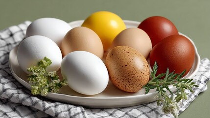 A white plate with a variety of eggs on it, including some that are white, yellow, and brown