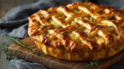 A pie is placed on a wooden board. Fresh herbs are next to the pie. A gray cloth is underneath the board, and the scene looks warm and inviting, perfect for gatherings