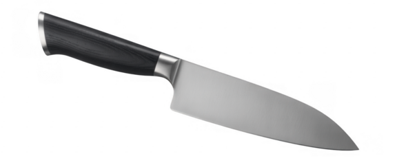 Chef's knife with black handle kitchen knife blade isolated on a transparent background