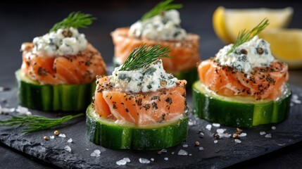 Slices of fresh cucumber hold pieces of salmon with cheese and herbs on top. A lemon wedge sits in the background. The display is on a dark stone plate with sea salt scattered