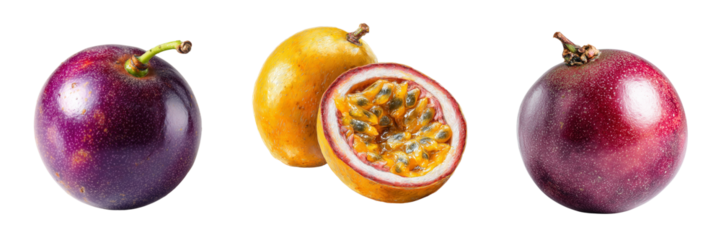 Purple plum and passion fruit halves with whole passion fruit isolated on a transparent background image