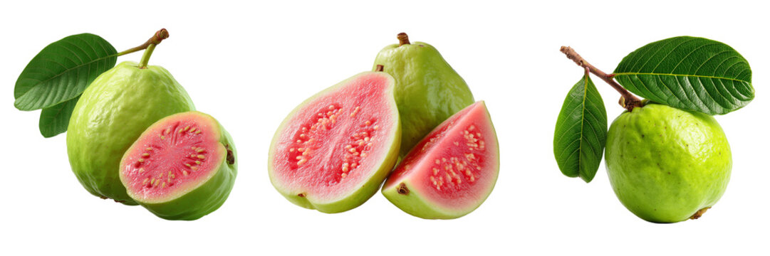 Fresh pink guava fruits and slices with green leaves isolated on a transparent background