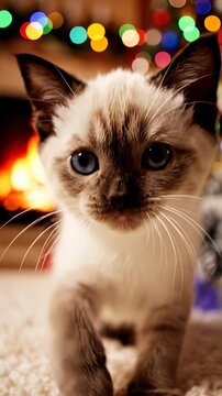 Playful kitten stands next to a festive Christmas tree, its bright blue eyes shining with excitement as it reaches up to bat at the twinkling ornaments, capturing the sweet spirit of the holiday.
