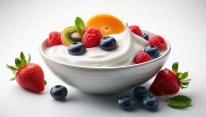 bowl filled with cream and fresh fruit on a white backdrop