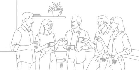 Group of people chatting and drinking coffee together in a relaxed social setting with a plant on a shelf