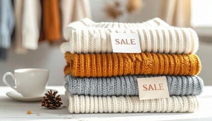 Cozy Knit Sweaters Stacked with Sale Tags and Cup