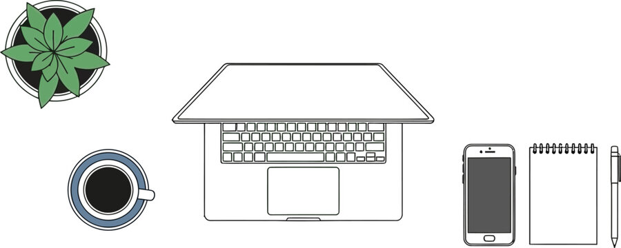 line drawing of office desk with laptop computer and mobile phone and coffee cup and plant