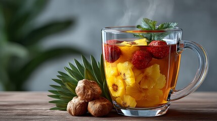 A mug of tea with strawberries and mint leaves on a table. The tea is hot and the leaves are fresh
